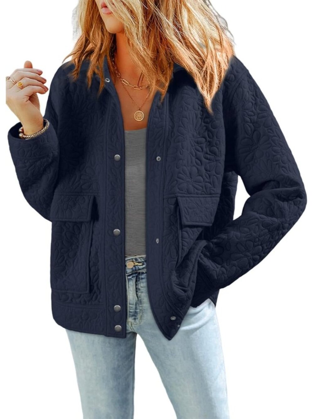〽️Women Blue Casual Warm Winter Long Sleeve Jacquard Turn Down Collared Shacket